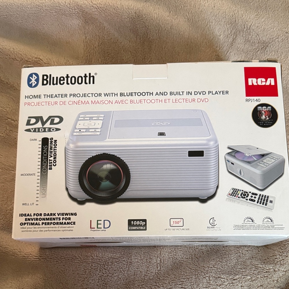 RCA White Home Theater Projector with Bluetooth and Built-in DVD Player
